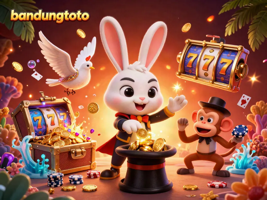 Experience the excitement of bandungtoto with a magical scene of playful characters surrounded by vibrant casino elements.