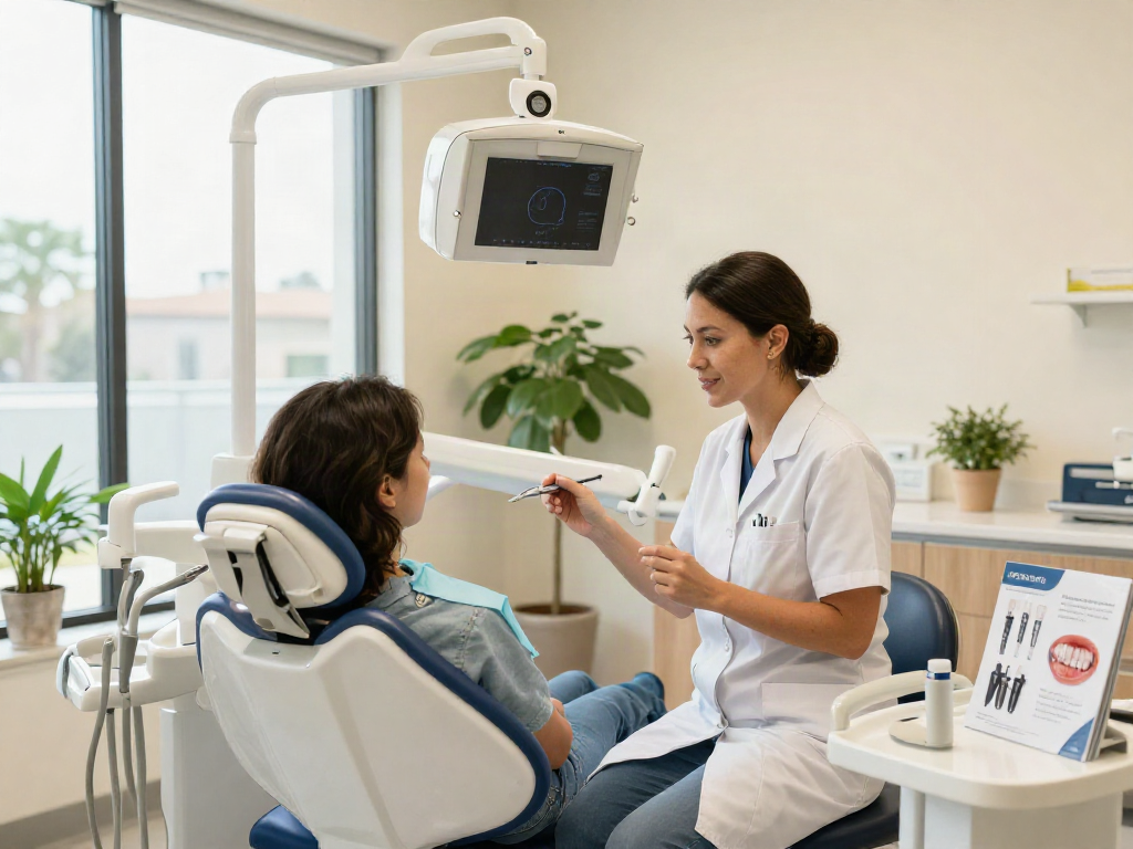 Dental implants Newport Beach consultation scene with dentist and patient in a modern clinic