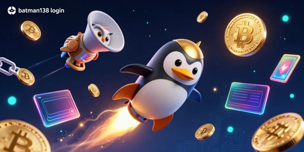 Experience the exhilarating batman138 login as you see a golden penguin soaring through a cosmic casino.
