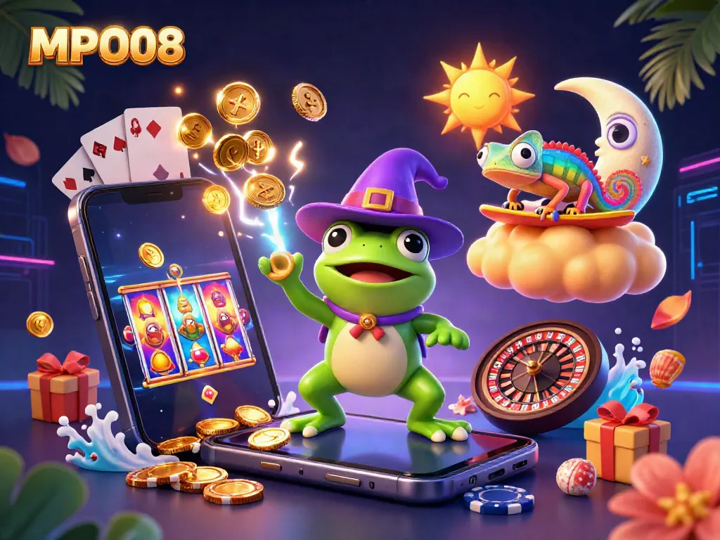 Experience excitement with MPO08's colorful gaming world featuring dynamic characters and vibrant casino elements.
