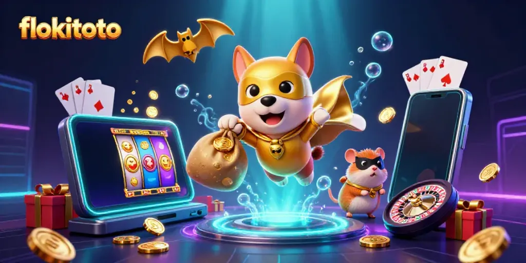 Engage with interactive slots at flokitoto while a superhero dog flies with gold coins.