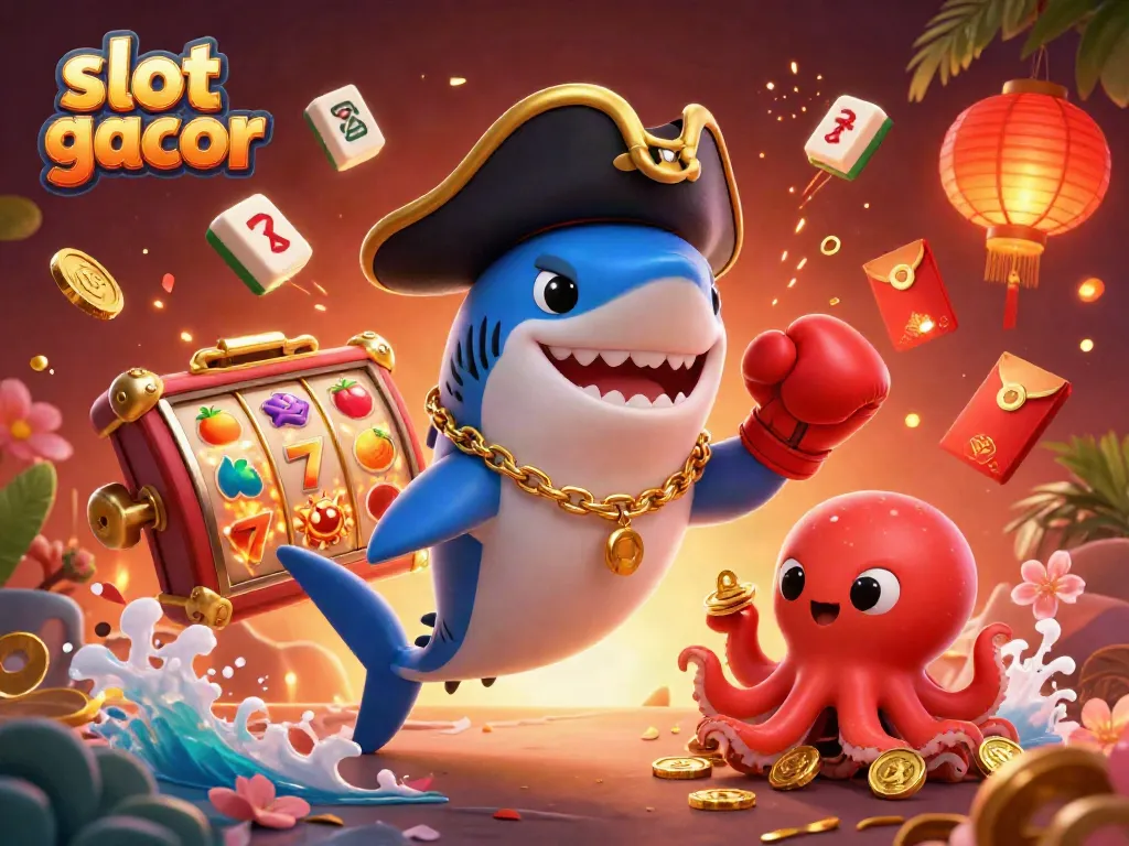 Experience thrilling slot gacor action with a pirate shark and friends celebrating winnings.