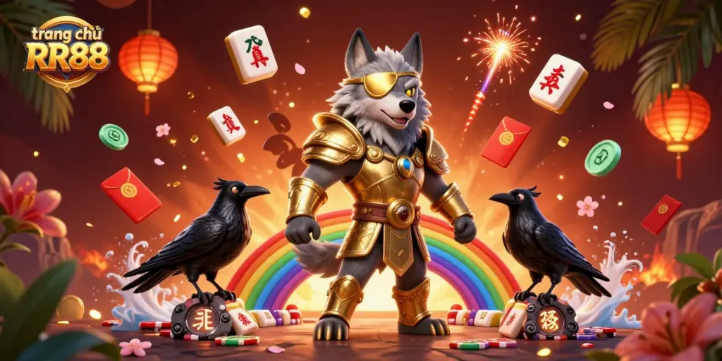 Experience the thrill at trang chủ RR88 with Odin and ravens among casino chips and festive elements.