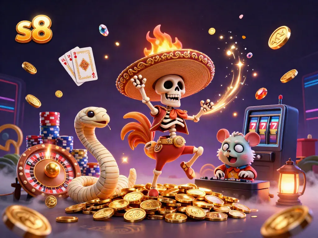 Spin your luck with s8 in a vibrant casino scene featuring a festive rooster and treasures.
