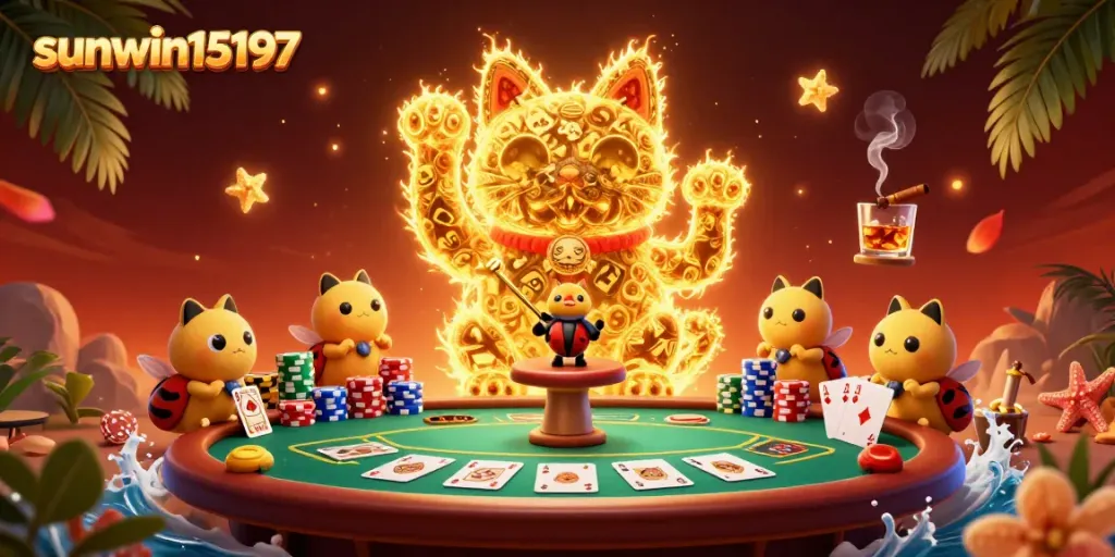 Experience thrilling gameplay with sunwin15197 as fireflies form a lucky cat amidst exciting casino elements.