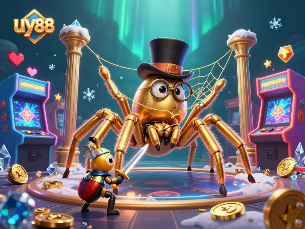 Engage in uy88 gaming adventures with a vibrant 3D casino illustration featuring colorful arcade games.