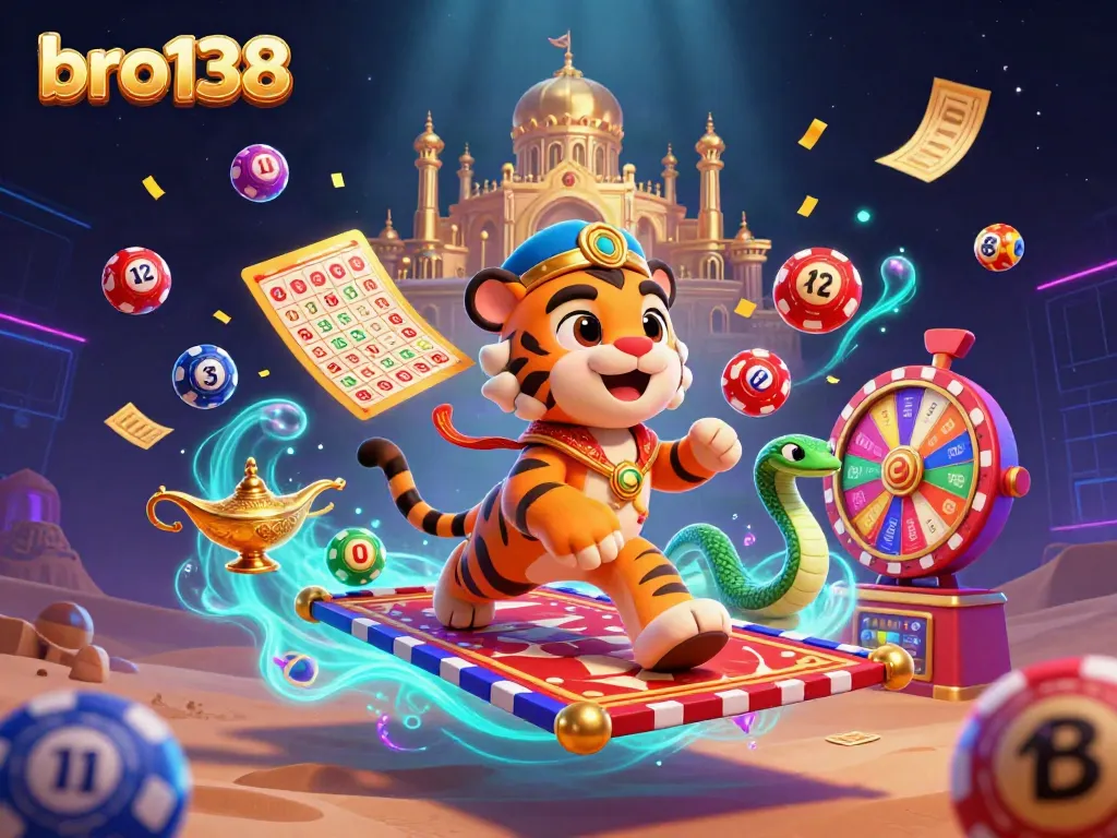 Experience the excitement of bro138 with a colorful scene of dynamic casino elements and characters.
