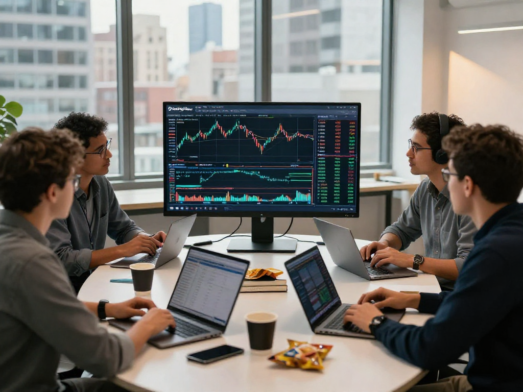 使用TradingView进行行情分析的交易员在现代办公室讨论策略。
