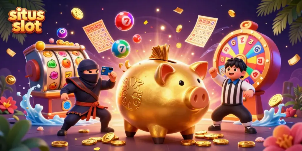 Spin the reels at situs slot with vibrant characters and dynamic casino elements in an engaging 3D scene.