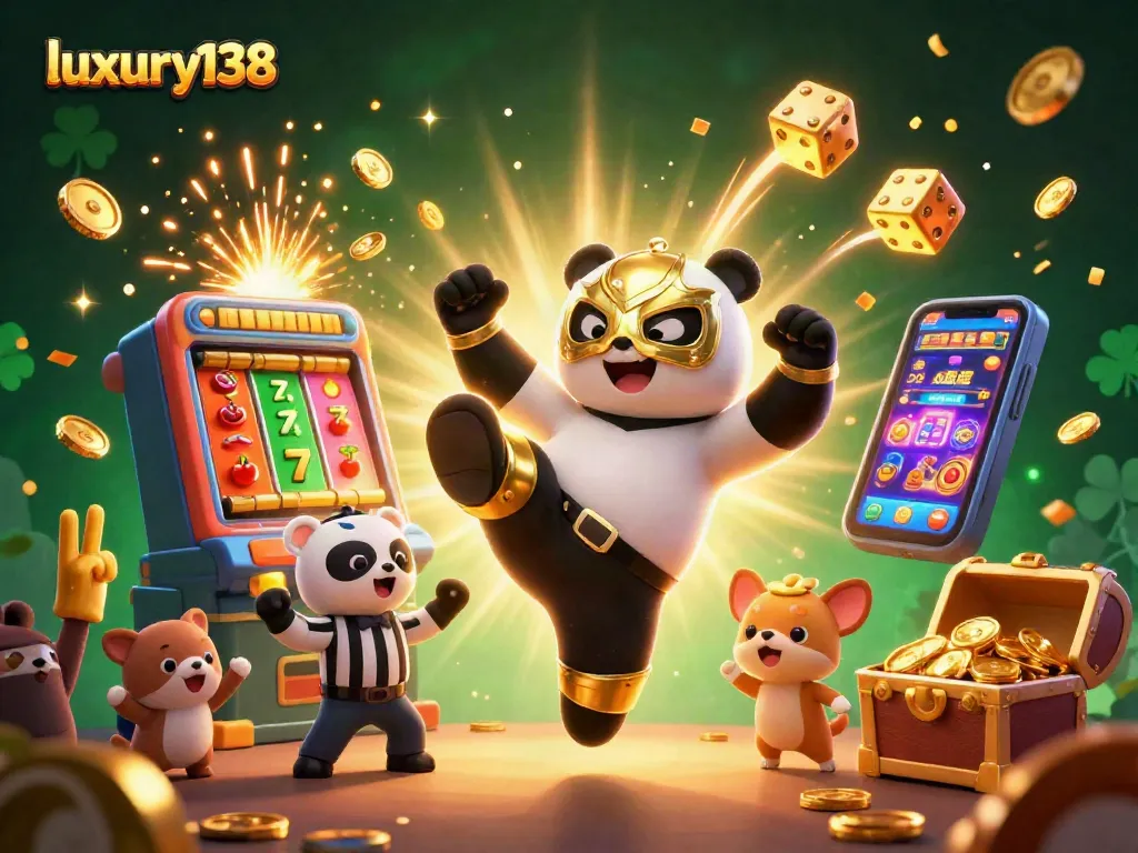 Permainan jackpot luxury138 dengan panda, chihuahua, dan penonton hewan bersorak.
