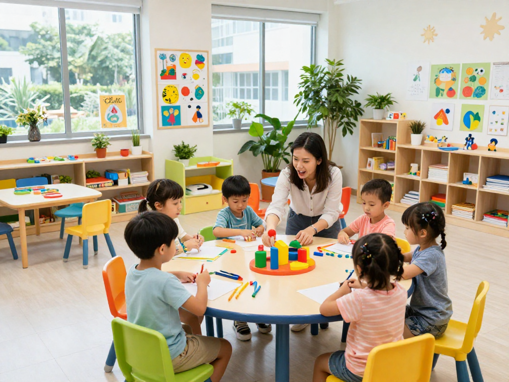 Interactive preschool classroom showcasing the best preschool Singapore learning environment with engaged children and vibrant decorations.