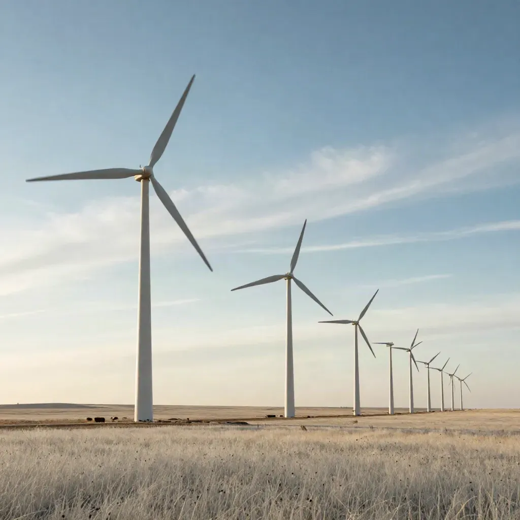 Row of wind turbines on a prairie horizon with a clean transmission line under bright cirrus light.