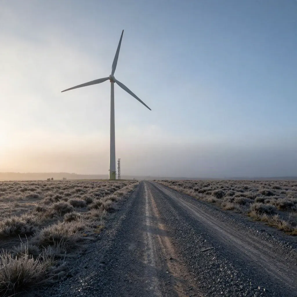 Wind project at dawn with turbine, mast, assembly tower, mist and gravel road