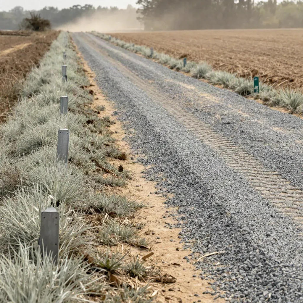 Utility corridor with stakes, gravel pull-off, and haze across a field boundary