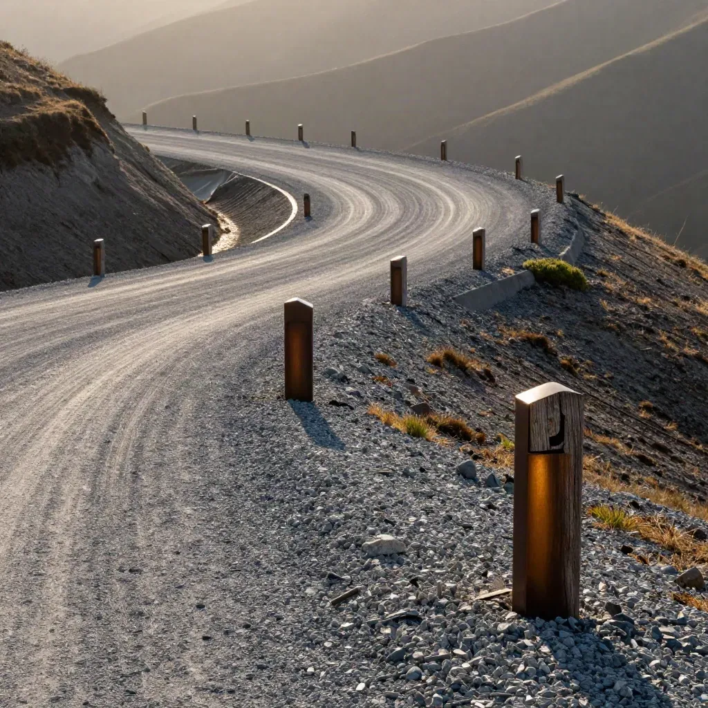 Graded turbine pad, curving gravel road, and setback markers on a hazy slope.