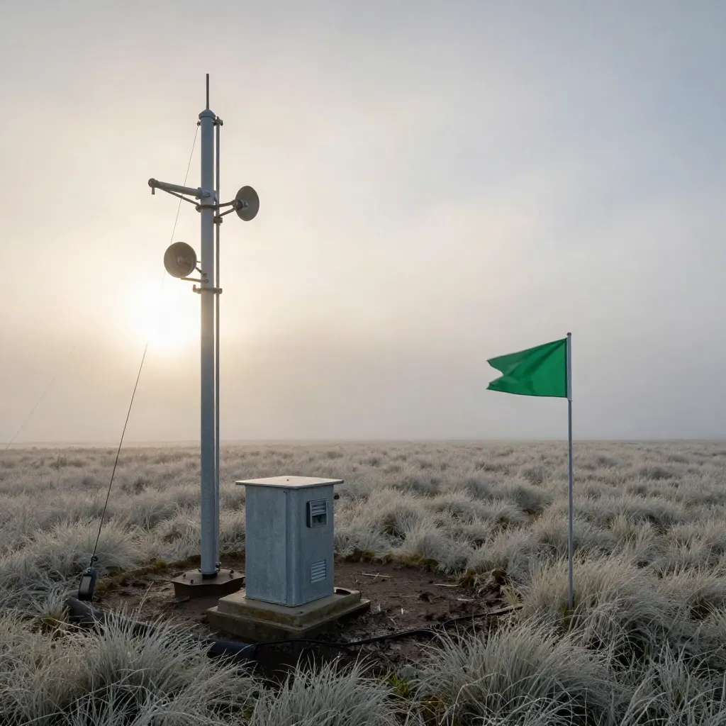Meteorological mast in a foggy dawn field with anemometers and a data pod