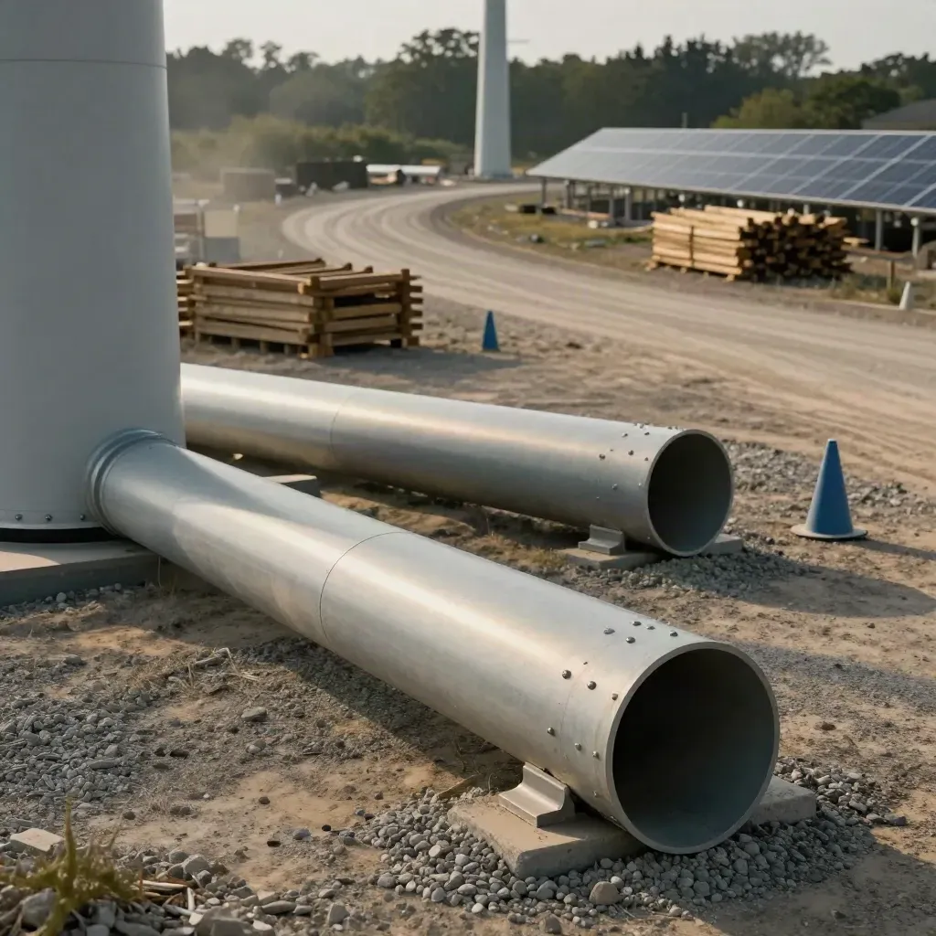 Turbine tower sections staged on a gravel laydown yard with warm dust and long shadows.
