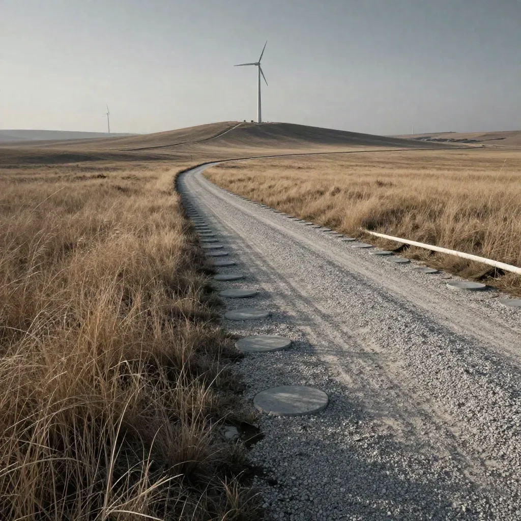 Wind project layout across prairie with gravel spine, pad rings, and soft haze.