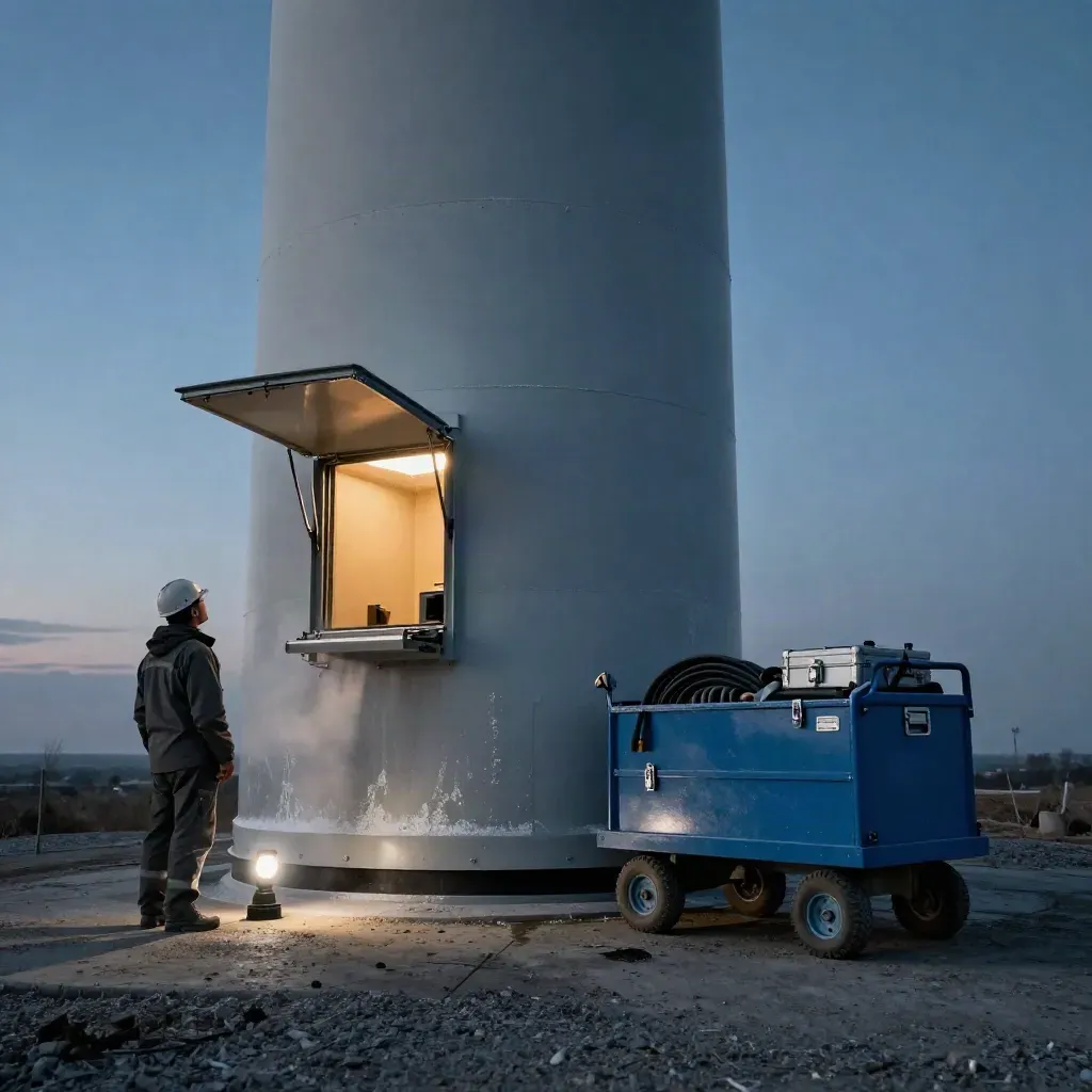 Wind turbine tower base with open hatch, beacon, and maintenance cart in evening haze.
