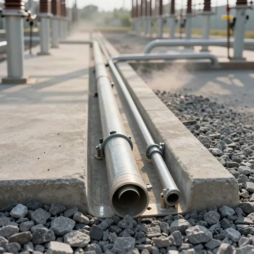 Macro of a finished substation pad with gravel, conduit and a clear interconnect corridor.