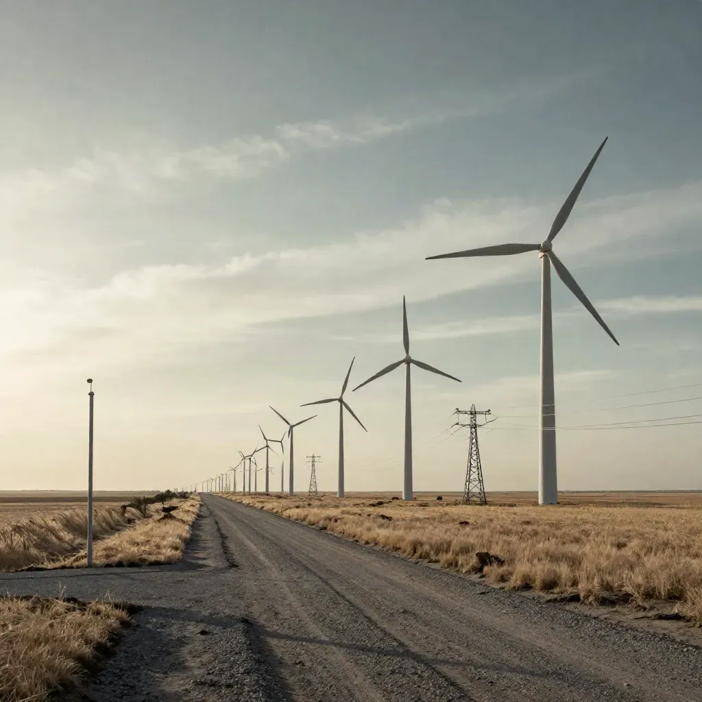 Wind turbines beside a transmission corridor and weather mast on open prairie.