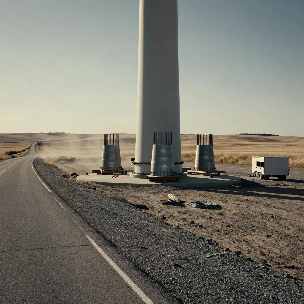 Turbine foundation ring and staged tower sections beside a clear gravel service road on a wind site