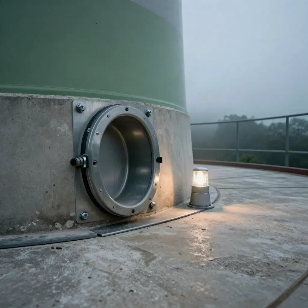 Repaired wind turbine base with closed hatch, reset bolts, and glowing beacon in haze
