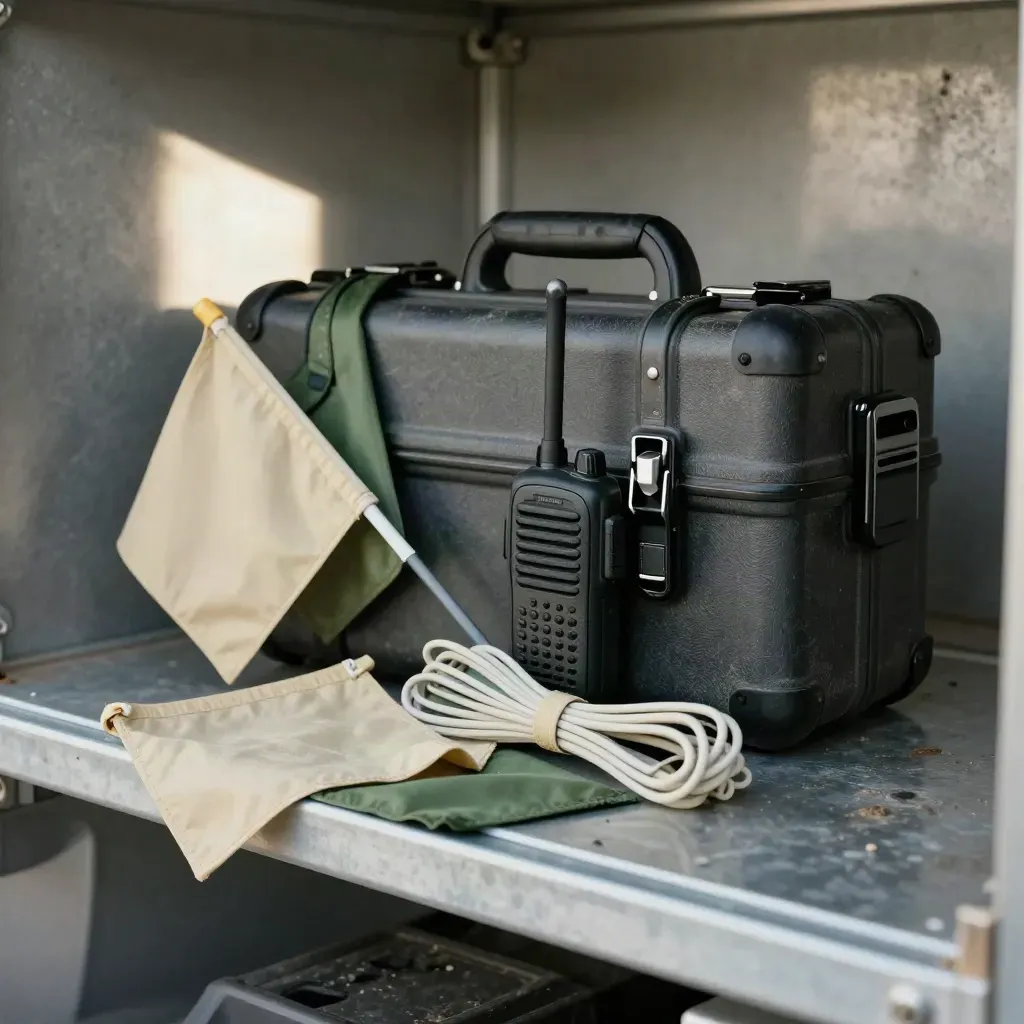 Close-up of a rugged project case, compact radio, and cable ties on a wind-site shelf.