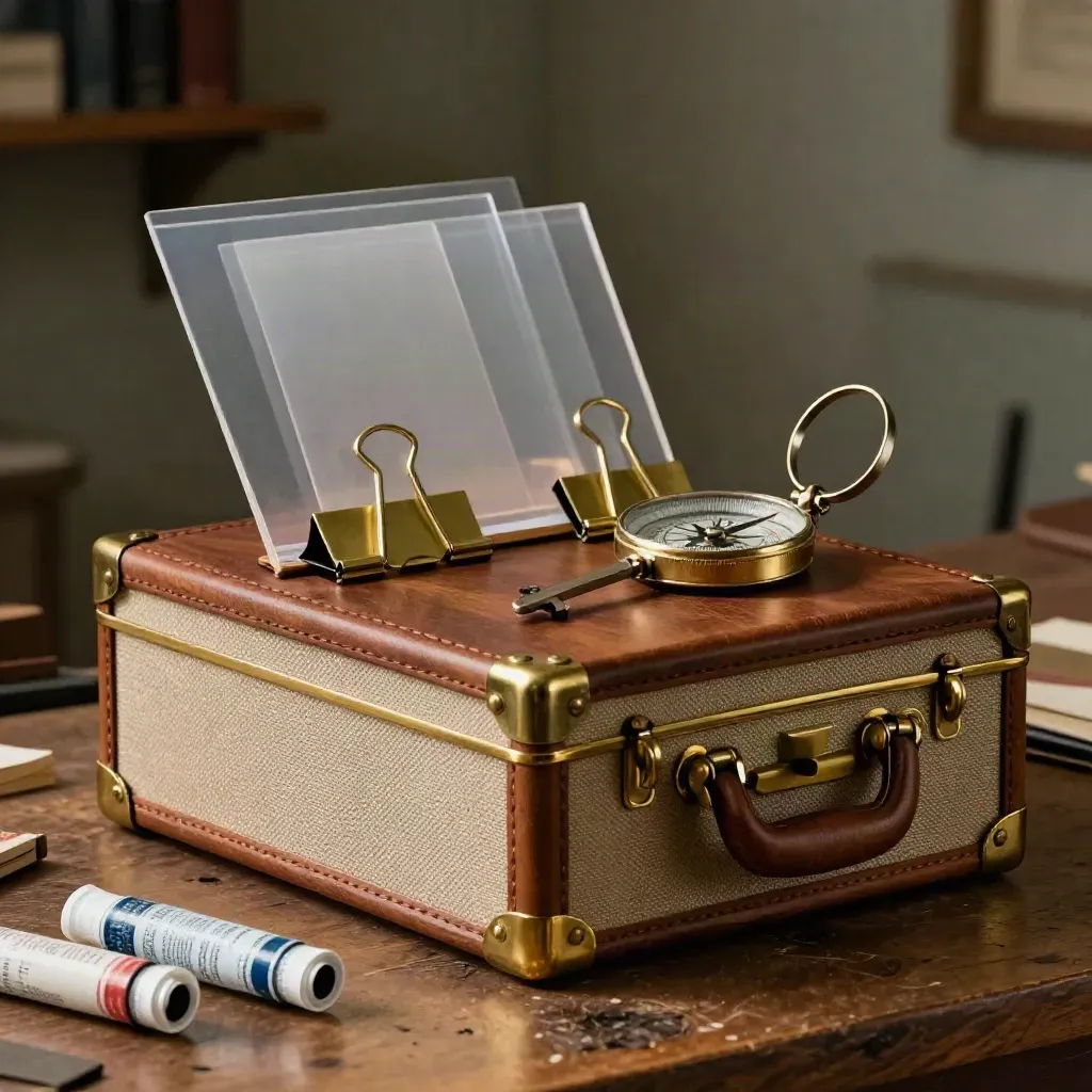 Closed archival case with brass clips, acetate sleeves and a survey compass on a walnut workbench