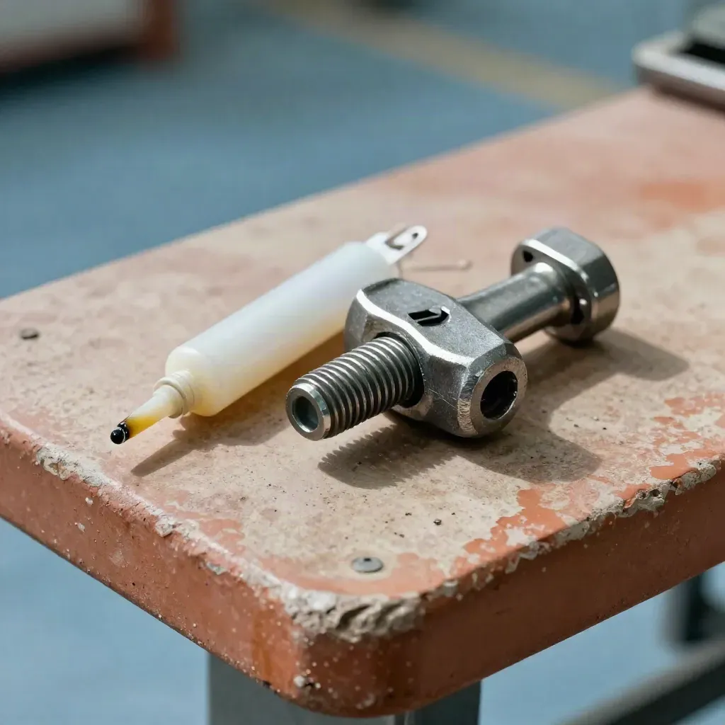Torque wrench head, greased turbine bolt, grease cartridge, and inspection tag ring on a workbench.