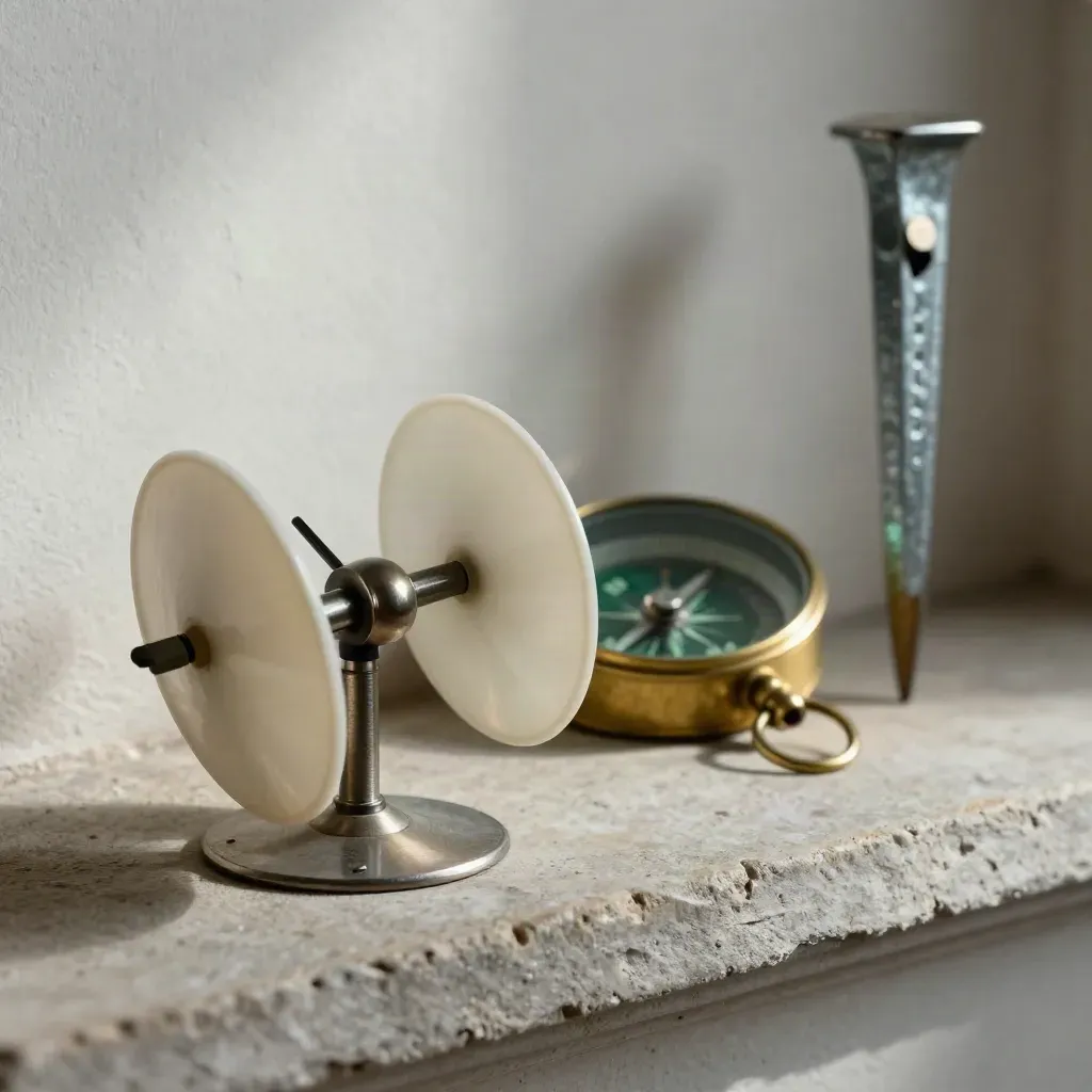Stopped anemometer head, brass compass, and galvanized survey stake on stone in soft side light.