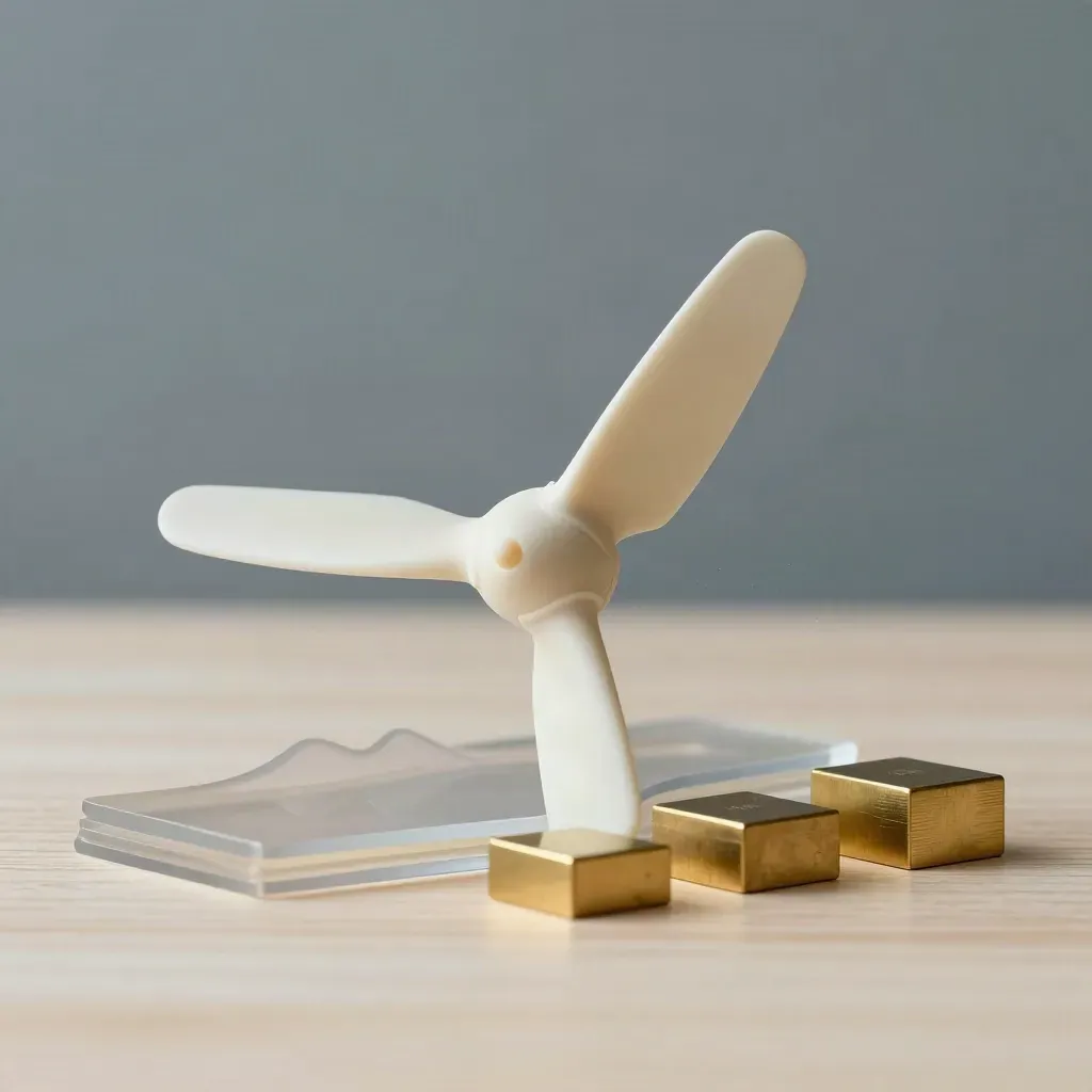 Blade mockup with terrain layers and brass blocks on pale wood