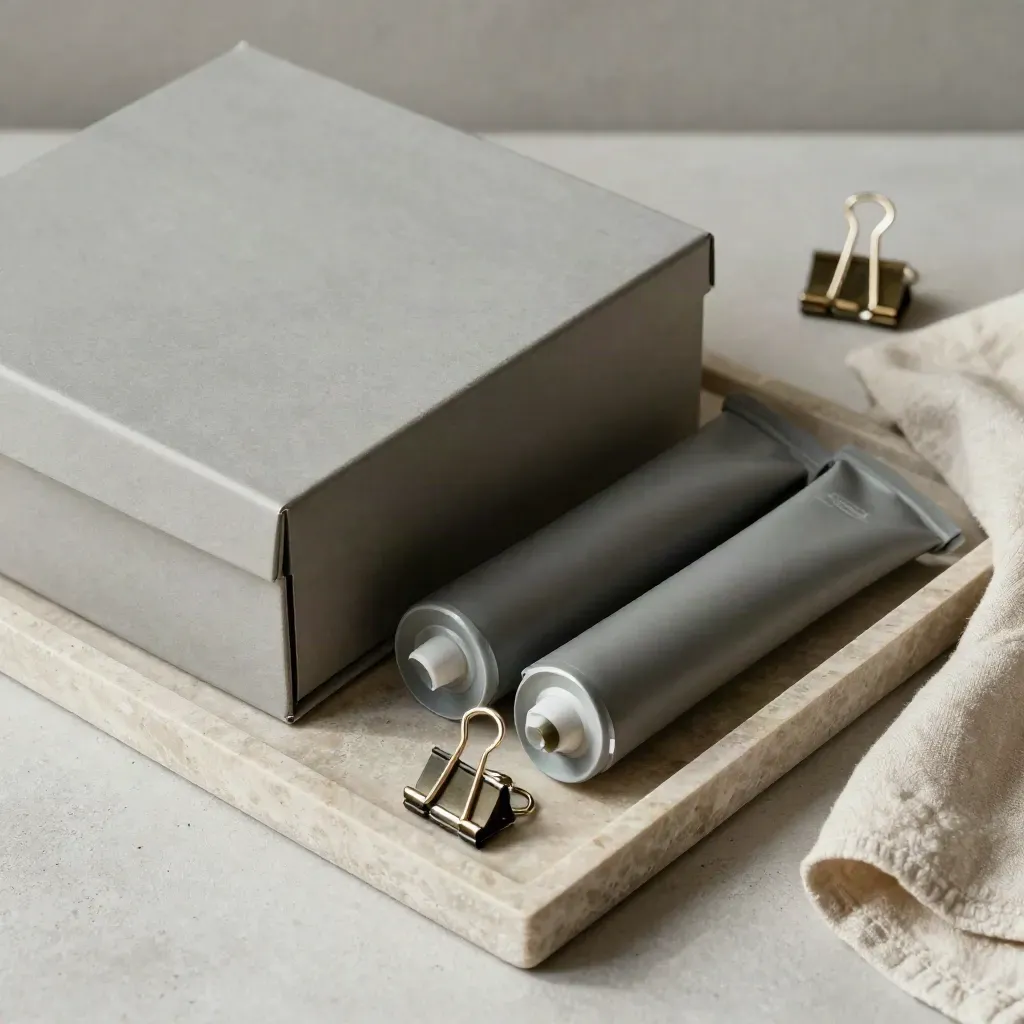 Top-down still life of archive tubes, binder clips, and a sealed file box corner on stone.
