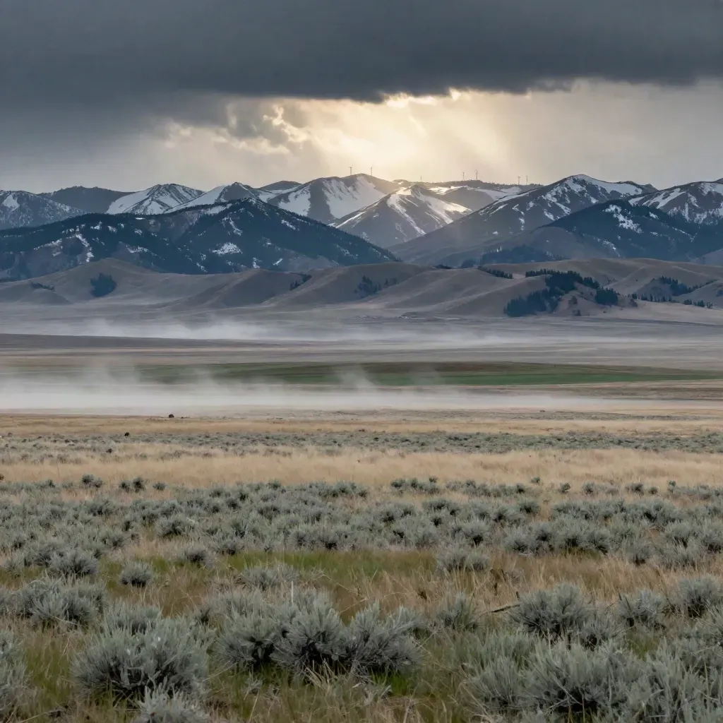 Wyoming basin under storm light with distant turbines and snow-streaked mountains.