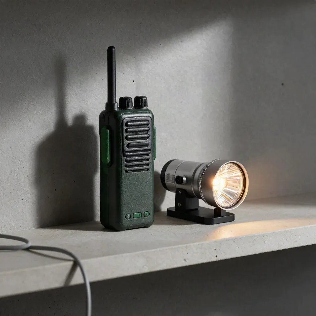 Radio, flashlight, and blinking beacon lens on a pale utility shelf.