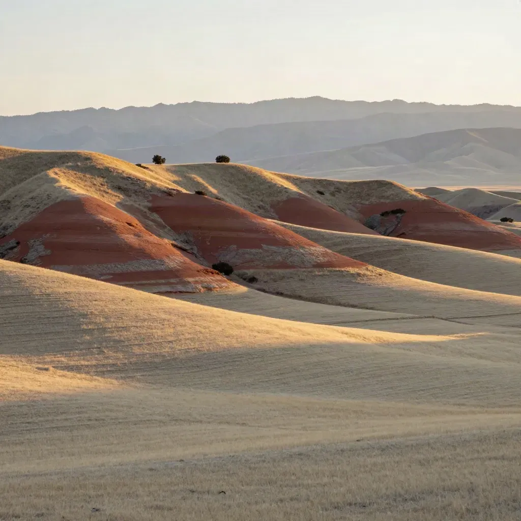 Golden Colorado foothills with red outcrops, pale ranch land and hazy Front Range at sunrise.