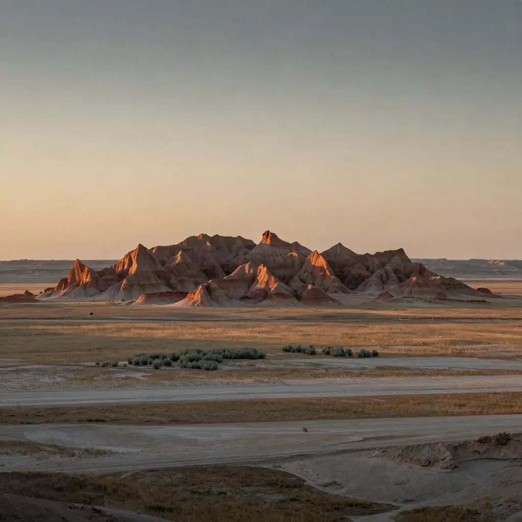 Sandstone buttes above dry grass flats under amber sunset haze in Nebraska Panhandle