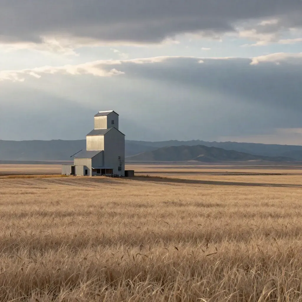 Montana wheat plain with a distant grain elevator, low ridge, and warm evening cloud bands.