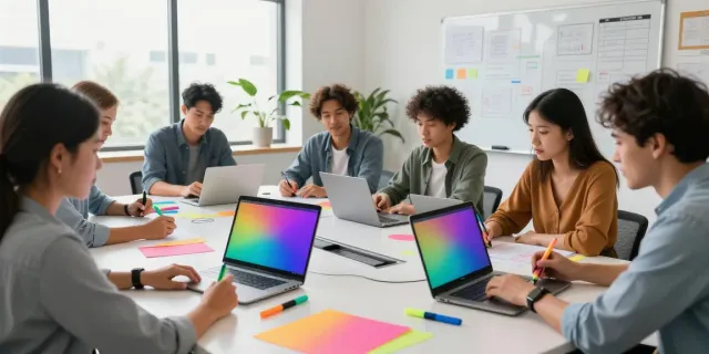 Highlighter pen supplier team collaborating in a vibrant office setting.