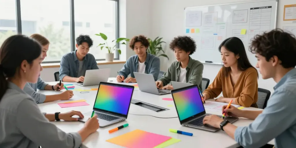 Highlighter pen supplier team collaborating in a vibrant office setting.