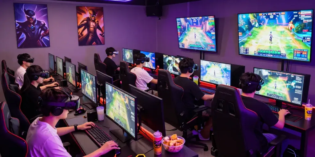 Engaged gamers enjoying QQMacan's exciting platform in a vibrant gaming lounge.