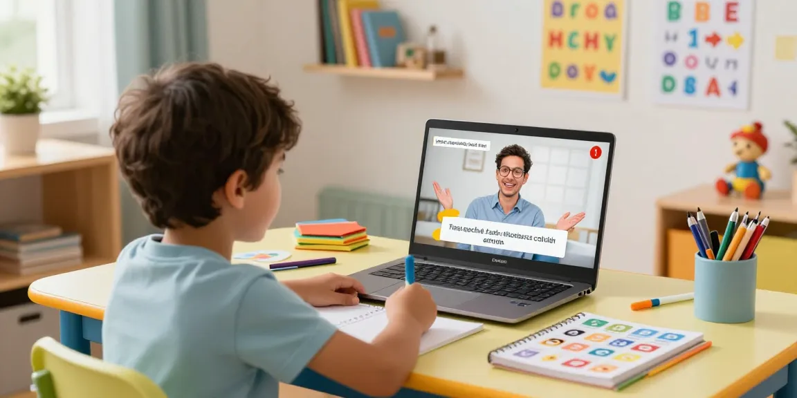 Child engaged in English classes for children online with an excited tutor, surrounded by colorful learning materials.