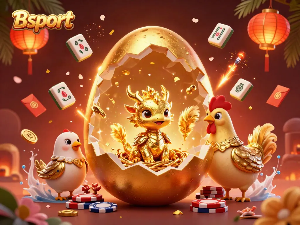 Experience thrills with Bsport as a colossal golden egg reveals a golden baby dragon amidst vibrant casino elements.
