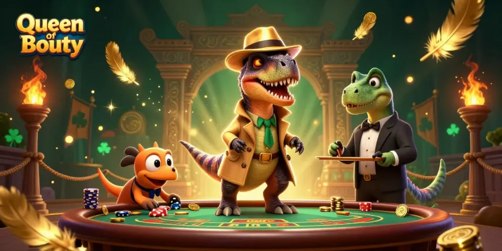 Experience the excitement of the Queen of Bounty slot with cartoon characters at a vibrant casino table.