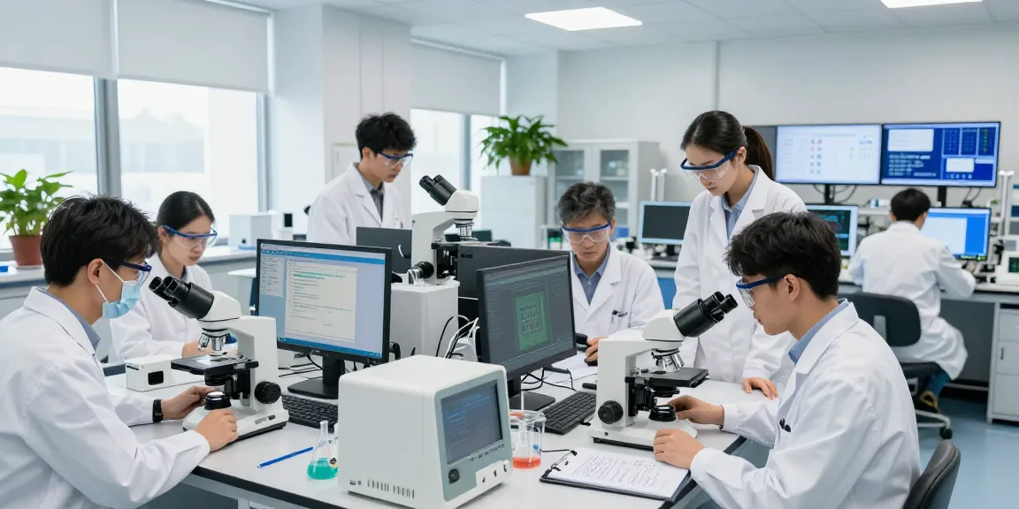 Team of scientists in a modern lab analyzing data at https://summitresearchsupply.com, surrounded by research equipment and bright lighting.