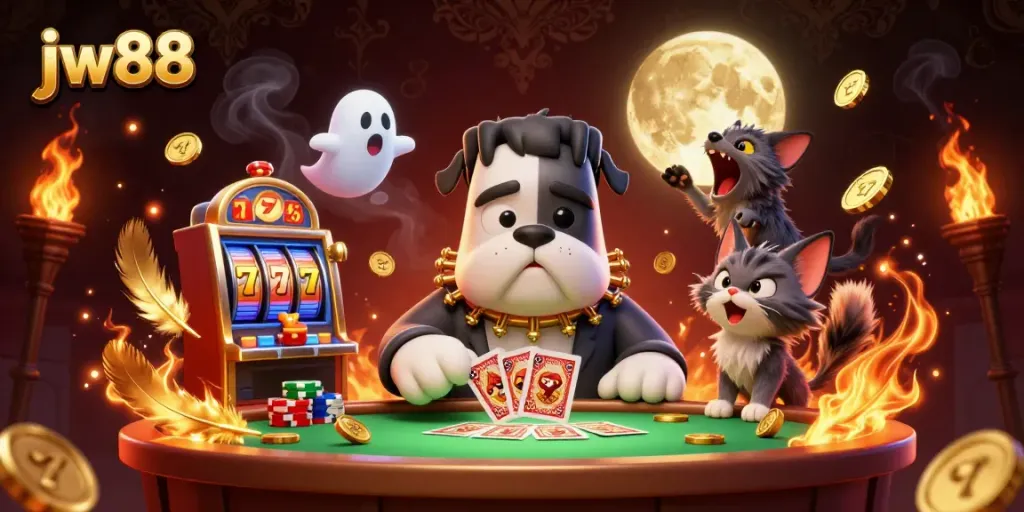 Experience thrilling card games with jw88 in an enchanting 3D casino scene featuring vibrant characters and slot machines.