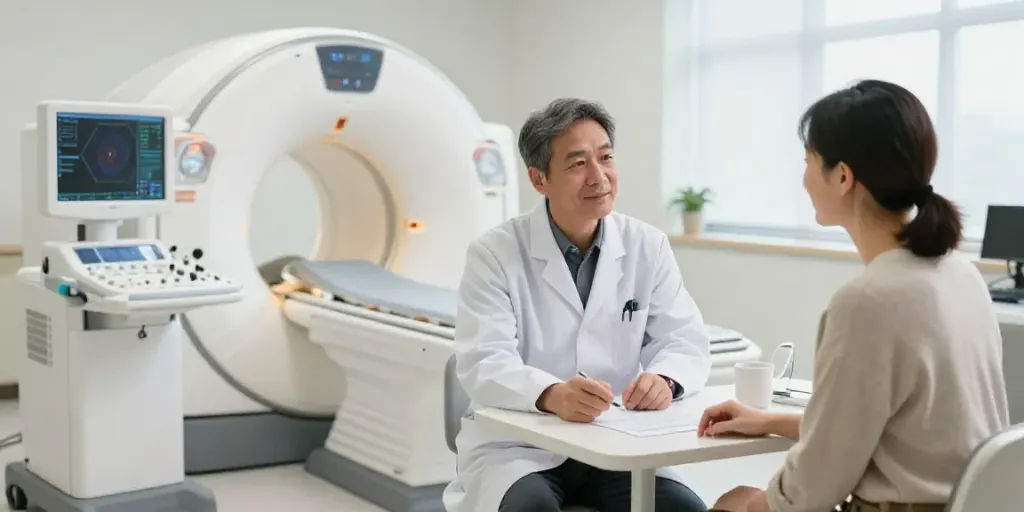 Röntgenreizbestrahlung in der Nähe: Vertrauensvolles Gespräch zwischen Arzt und Patient im modernen Diagnostikzentrum.