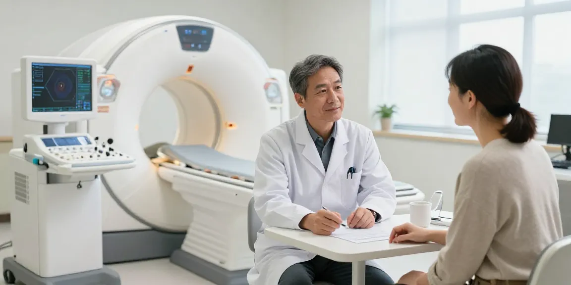 Röntgenreizbestrahlung in der Nähe: Vertrauensvolles Gespräch zwischen Arzt und Patient im modernen Diagnostikzentrum.