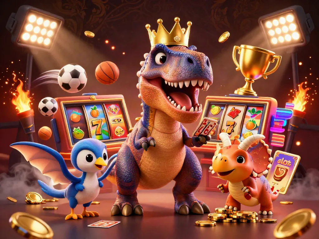 Experience thrilling slot adventures with a friendly T-Rex and vibrant characters in a colorful casino scene.