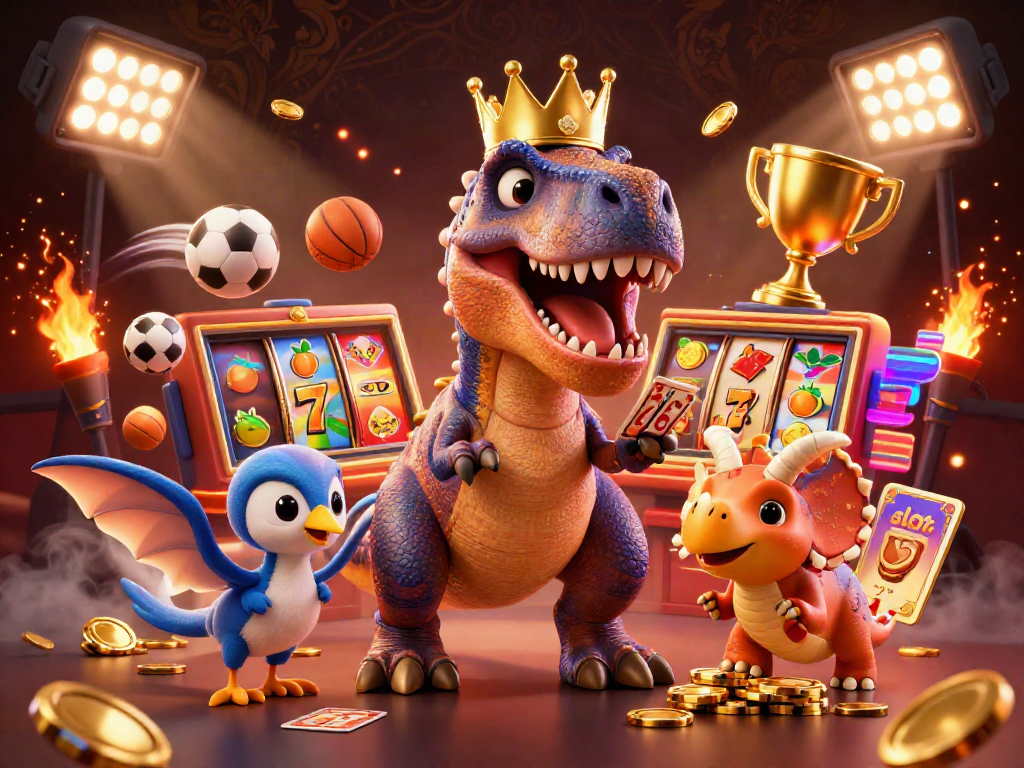 Experience thrilling slot adventures with a friendly T-Rex and vibrant characters in a colorful casino scene.